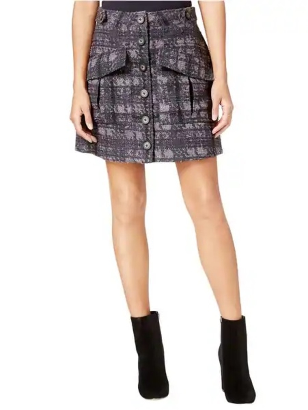 RACHEL Rachel Roy Gray Textured Tweed utility Button-Front Mini Skirt